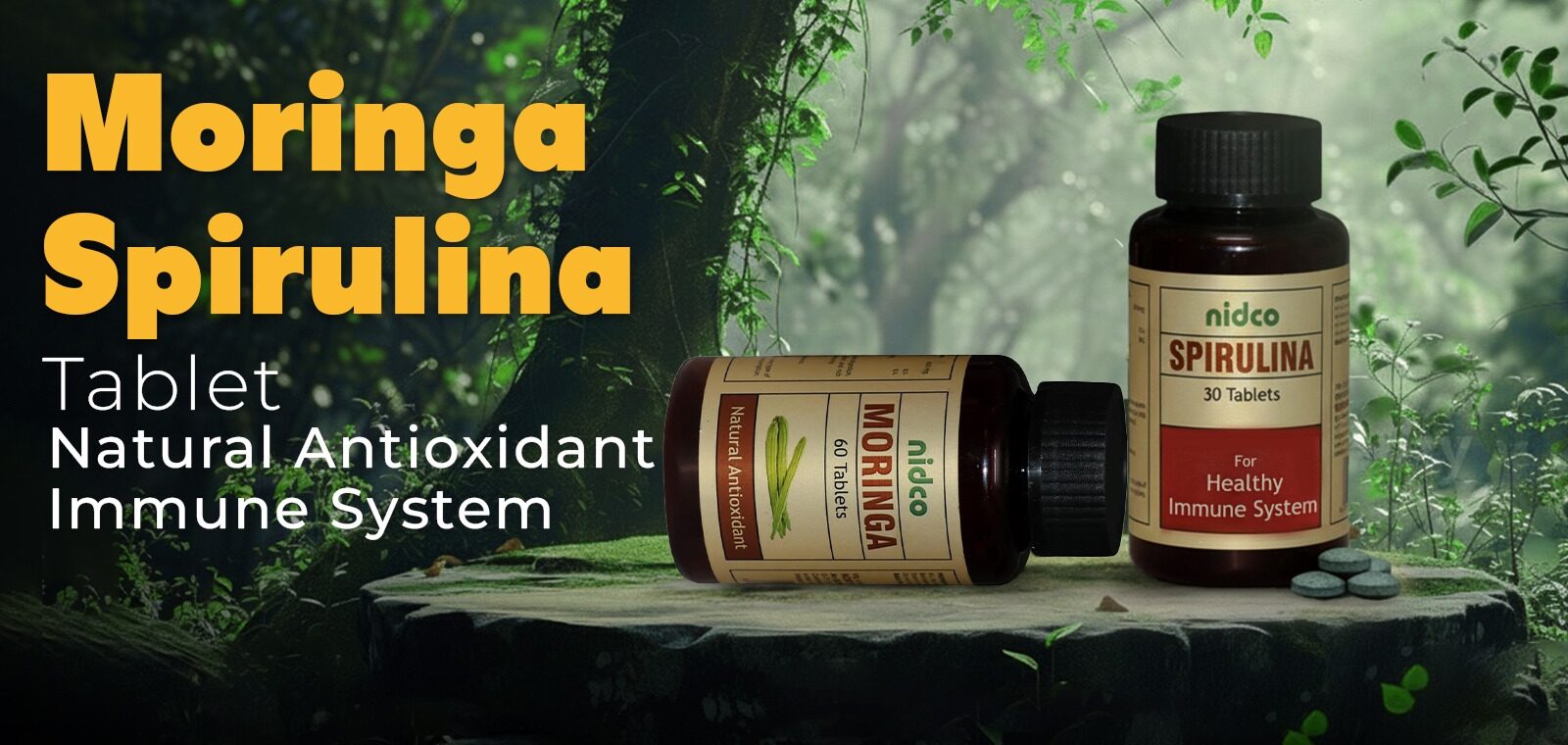 Fresh green moringa leaves and organic moringa powder in a wooden bowl.